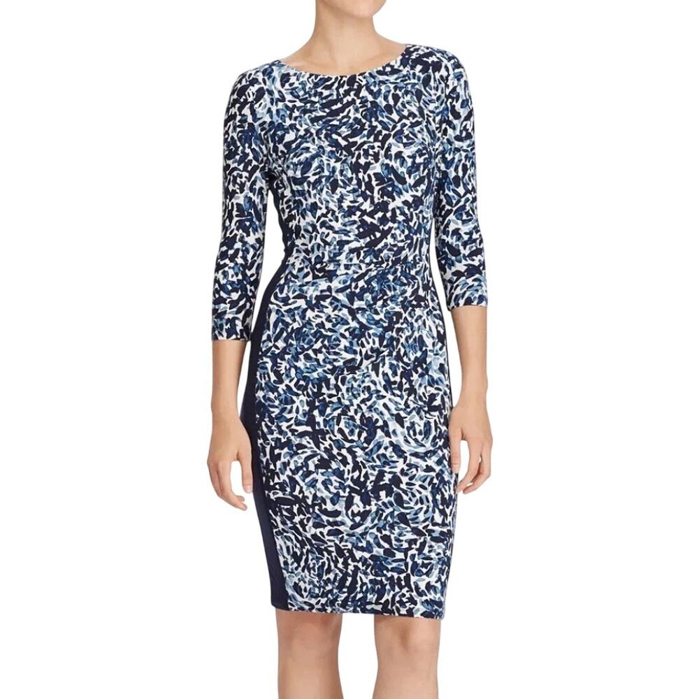 Lauren Ralph Lauren Navy Blue Floral Jersey Knit Stretch Sheath Dress